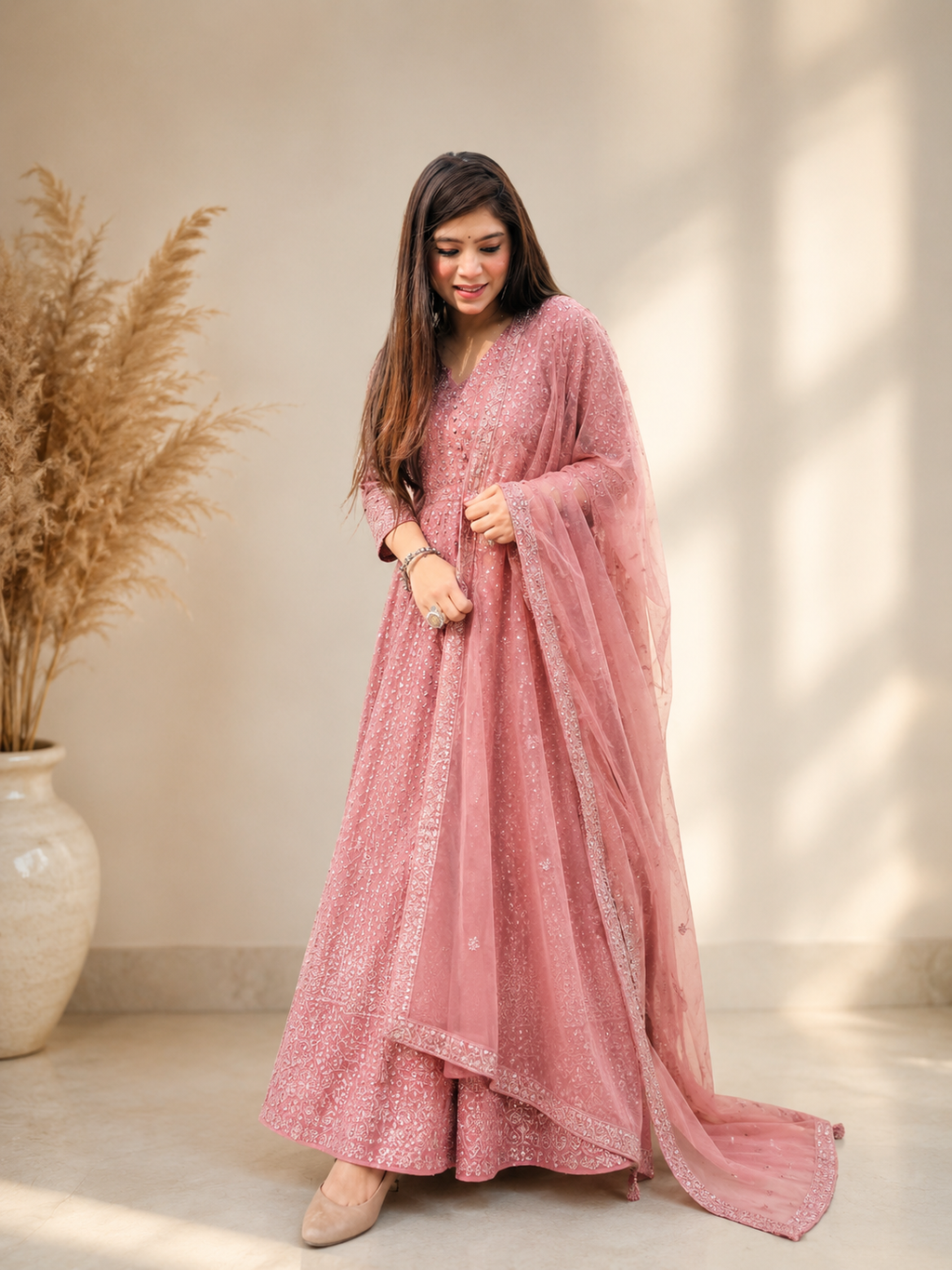 Mauve Pink Chikankari & Muted Sequin Anarkali Gown Set q562445