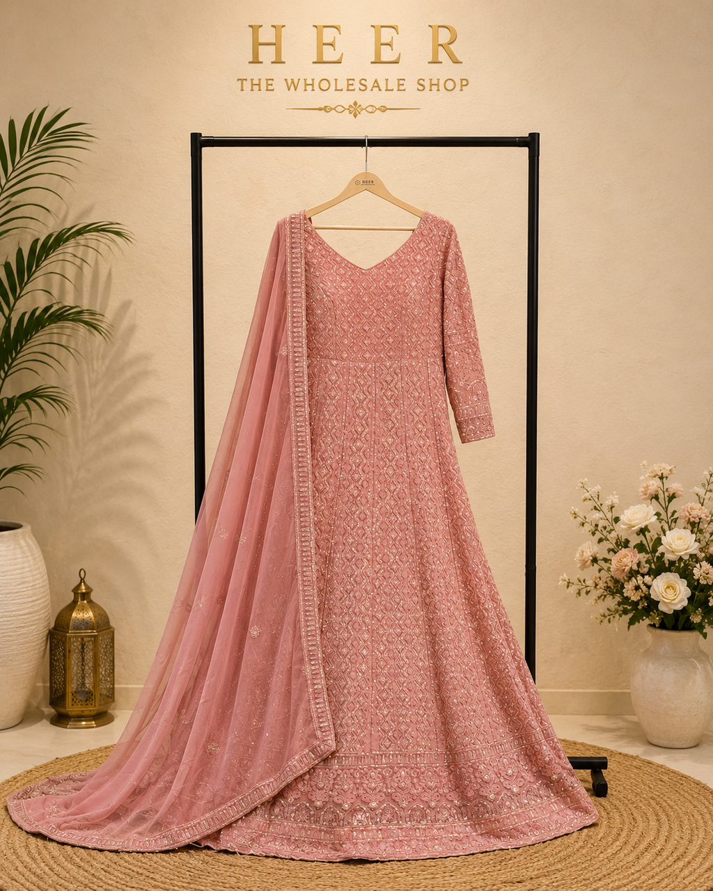 Mauve Pink Chikankari & Muted Sequin Anarkali Gown Set q562445