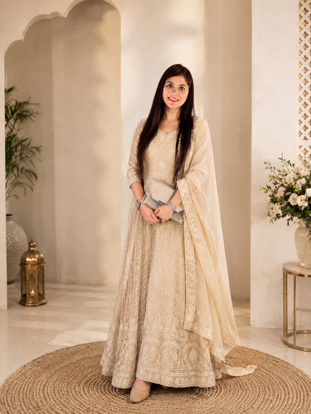Ivory Cream Embroidered Georgette Anarkali Gown with Matching Dupatta q562448