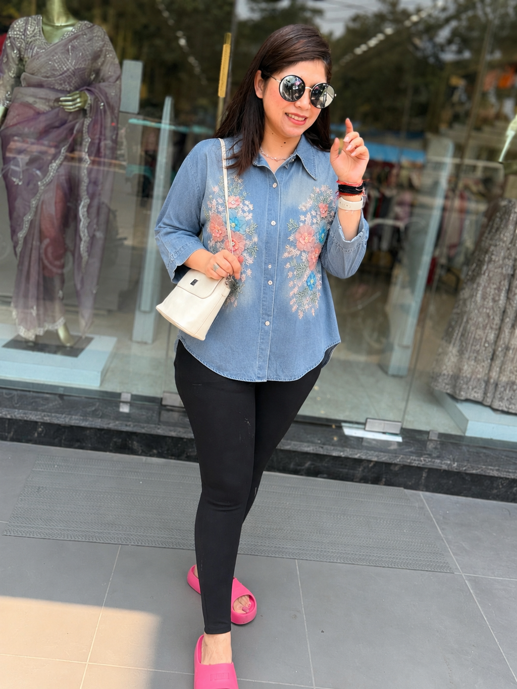 Floral Embellished Denim Button-Down Shirt