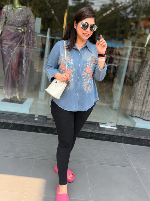 Floral Embellished Denim Button-Down Shirt q562860