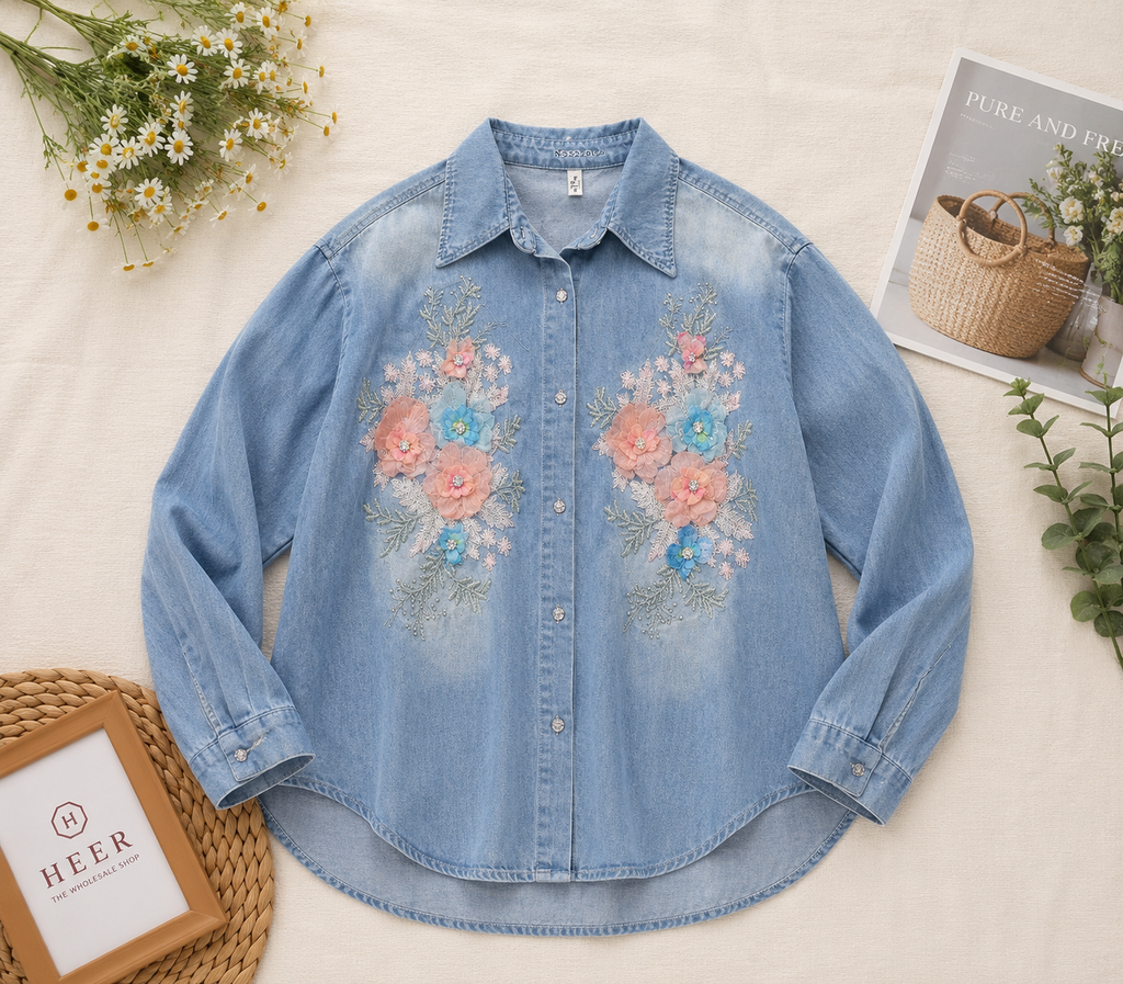 Floral Embellished Denim Button-Down Shirt