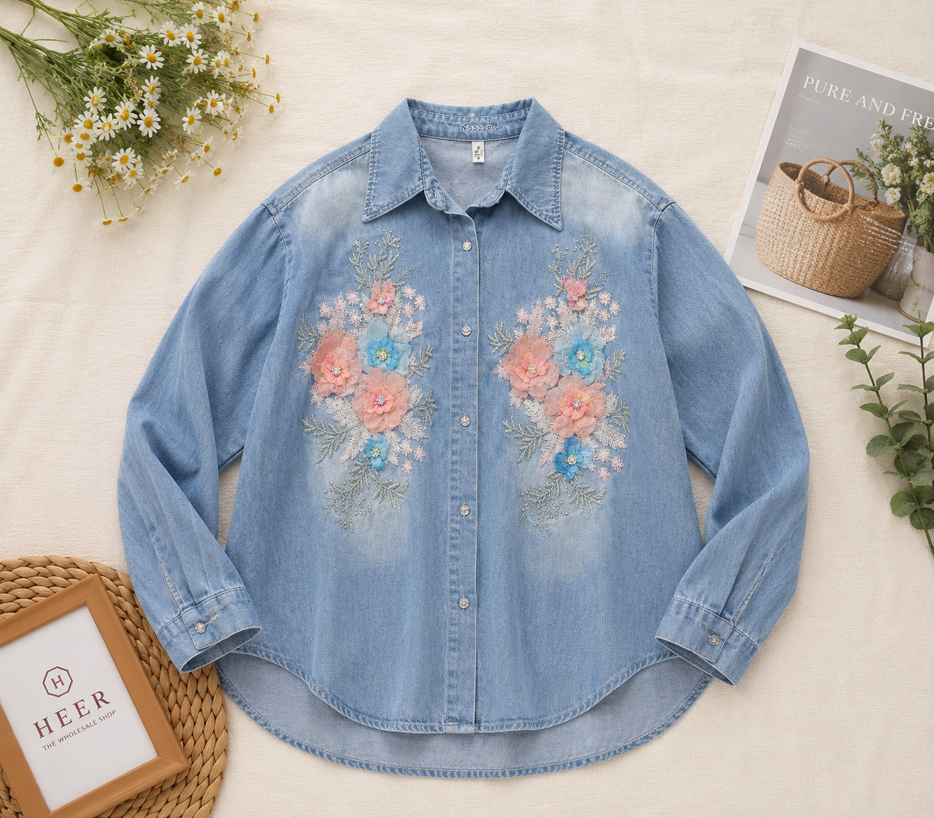 Floral Embellished Denim Button-Down Shirt