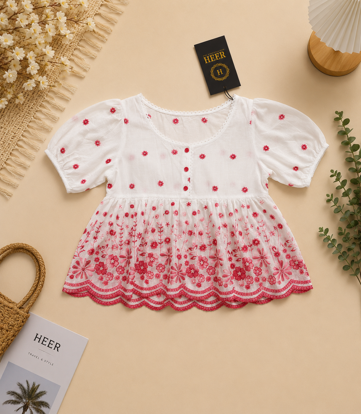 White & Red Embroidered Peplum Top q562863