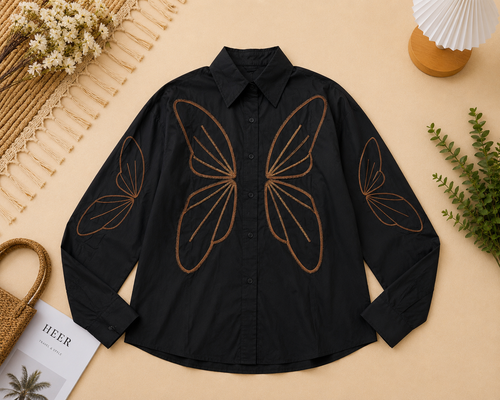 Butterfly Embroidery Black Button-Down Shirt q562859