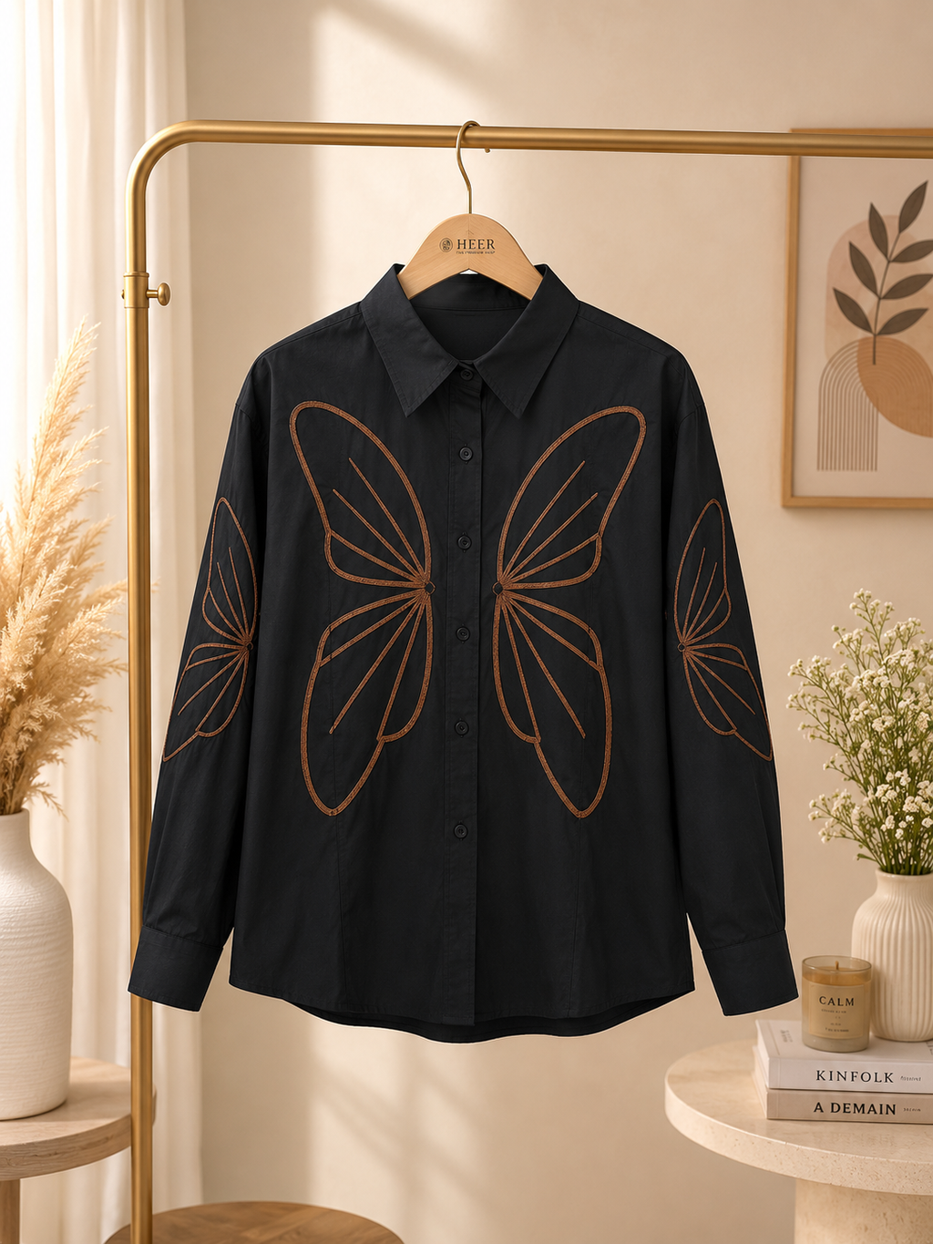 Butterfly Embroidery Black Button-Down Shirt q562859