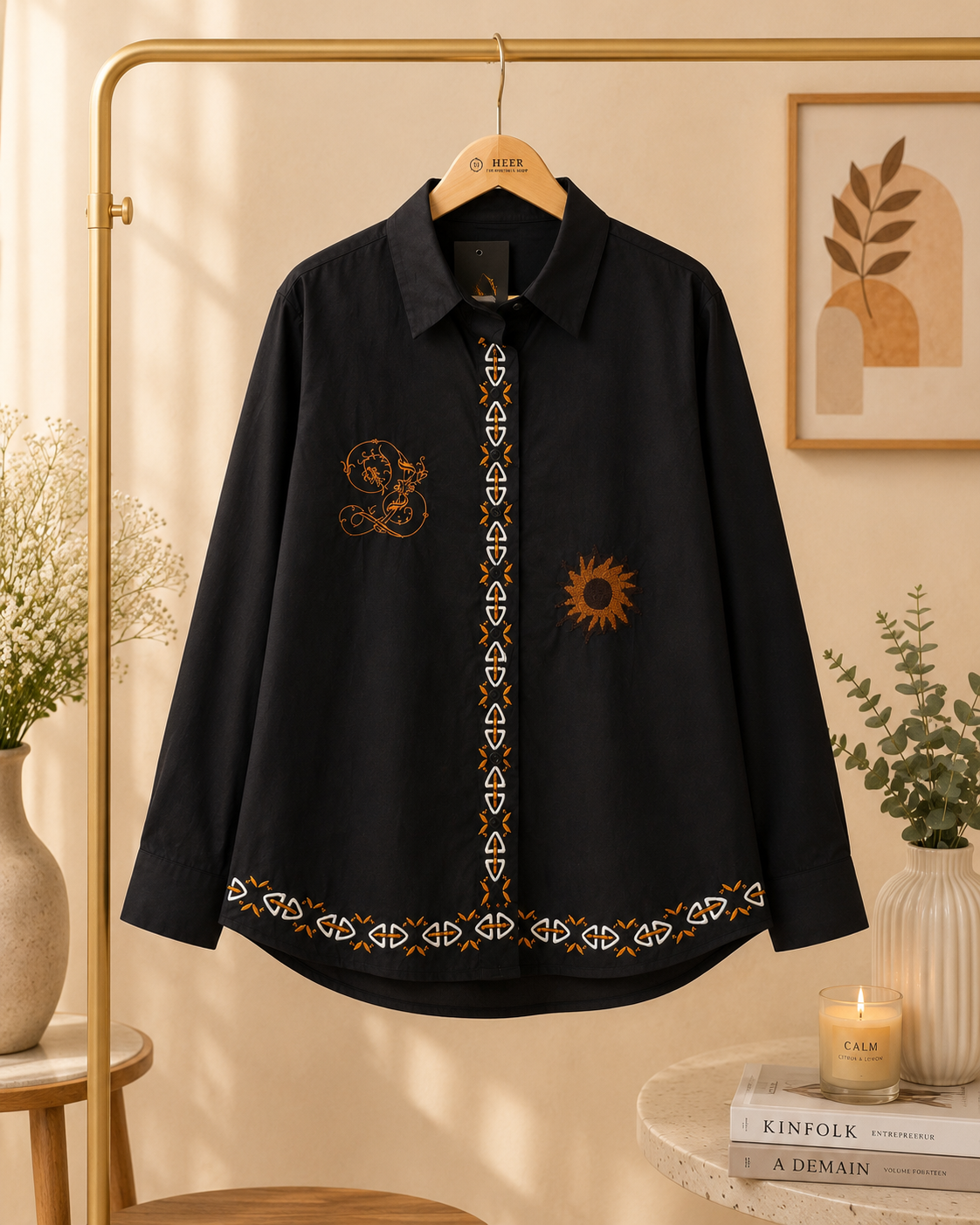 Celestial Embroidered Black Button-Down Shirt q562583