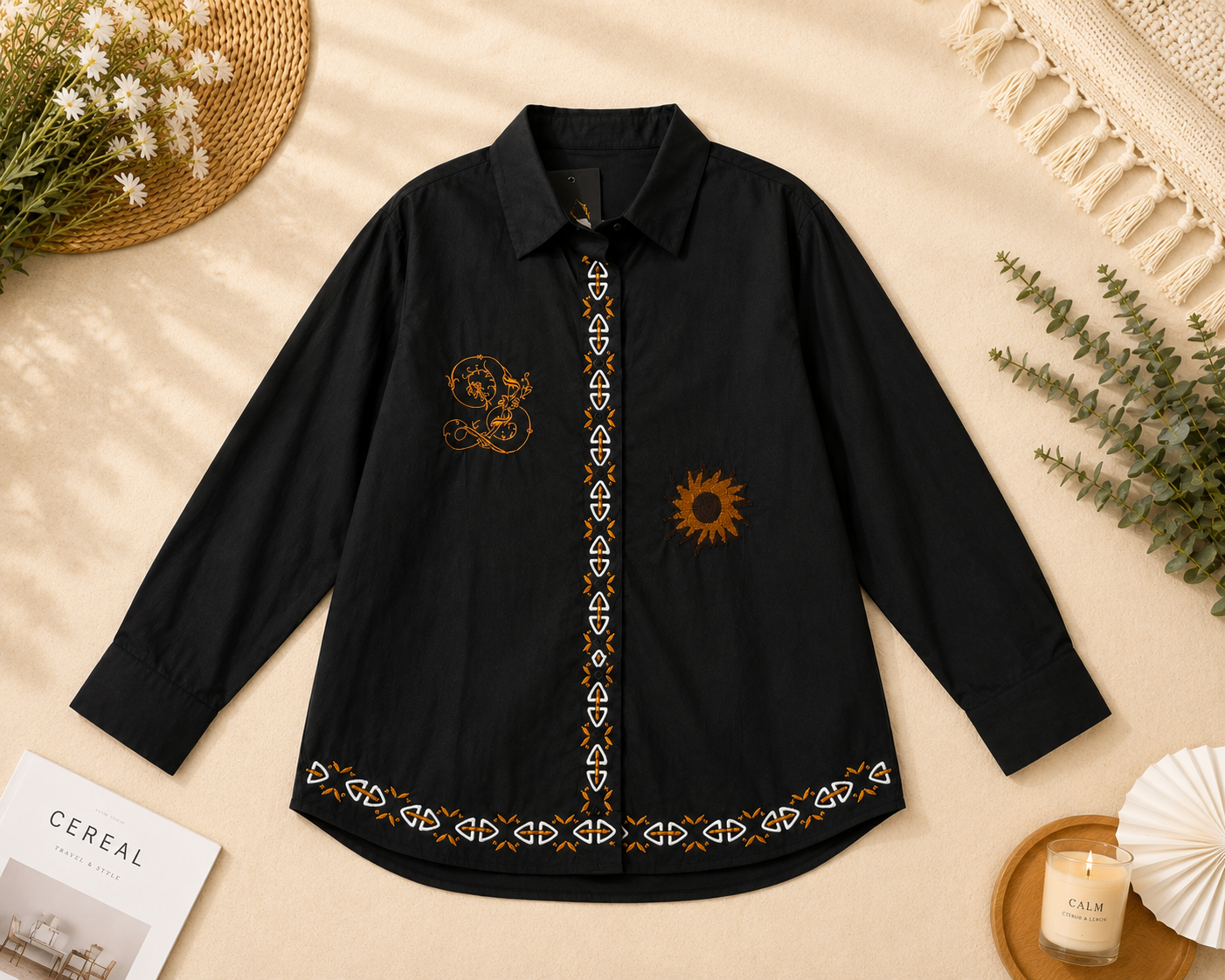 Celestial Embroidered Black Button-Down Shirt q562583