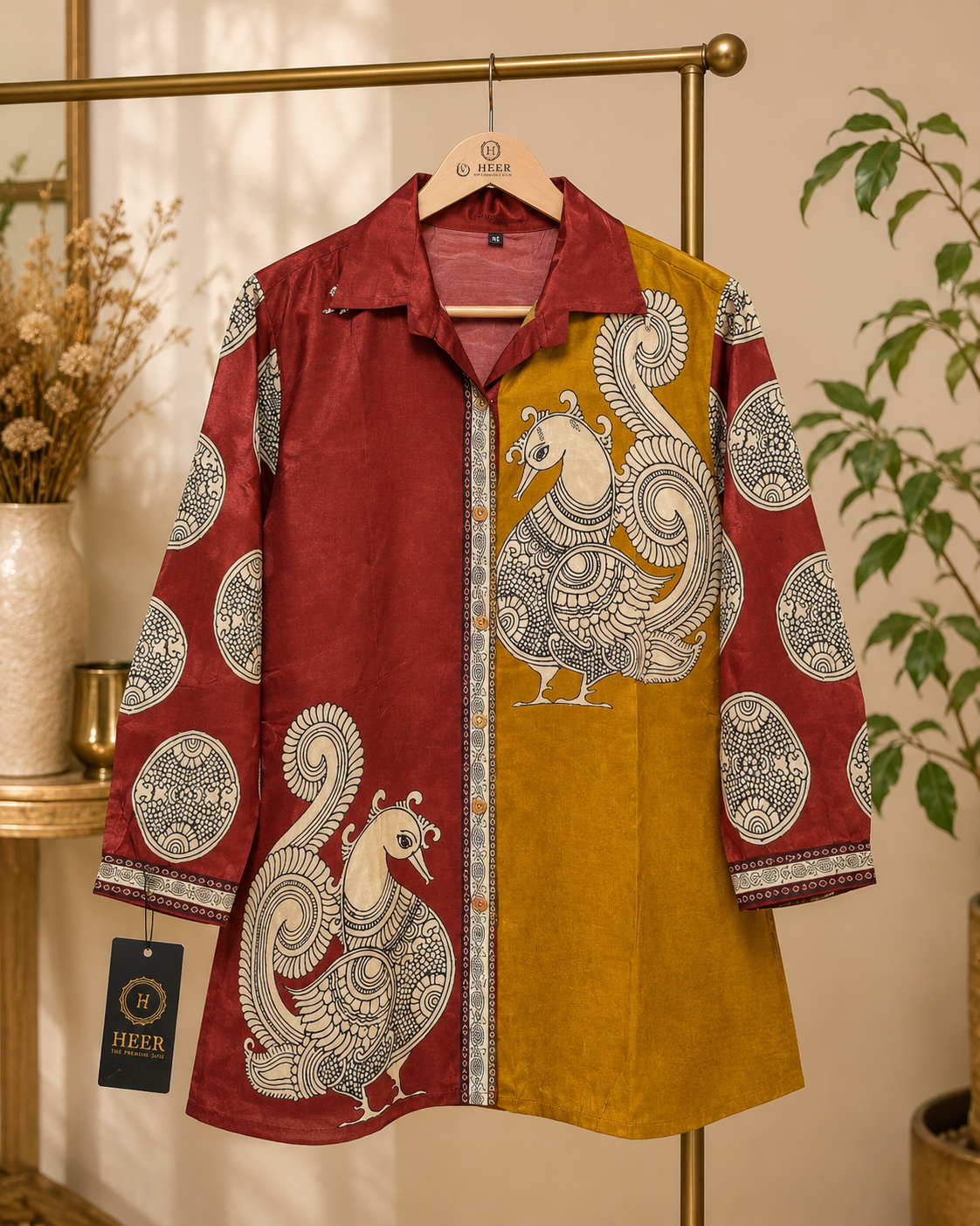 Artisanal Peacock Motif Fusion top – Traditional Maroon & Mustard Shirt-Style q562799