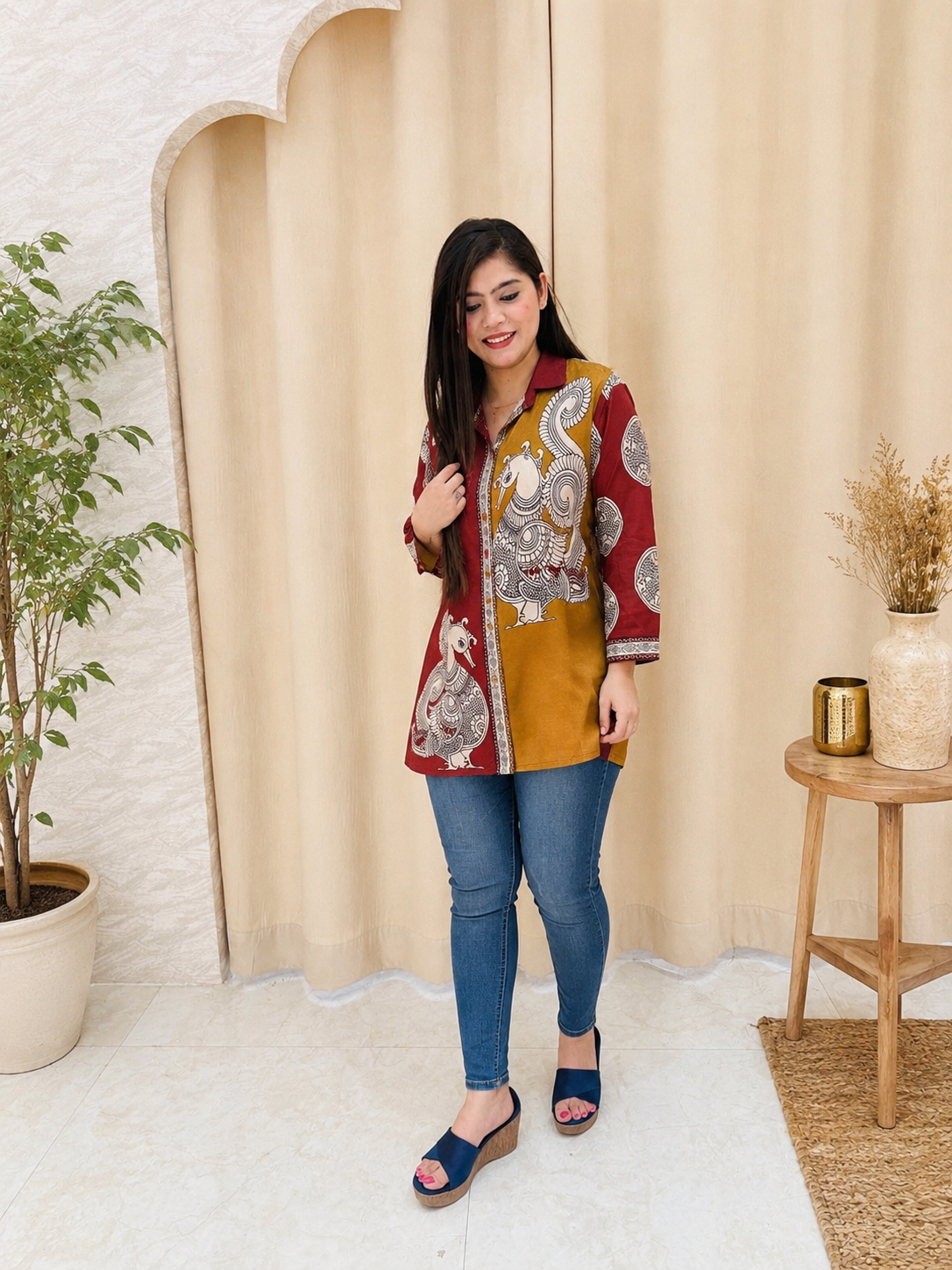 Artisanal Peacock Motif Fusion top – Traditional Maroon & Mustard Shirt-Style q562799