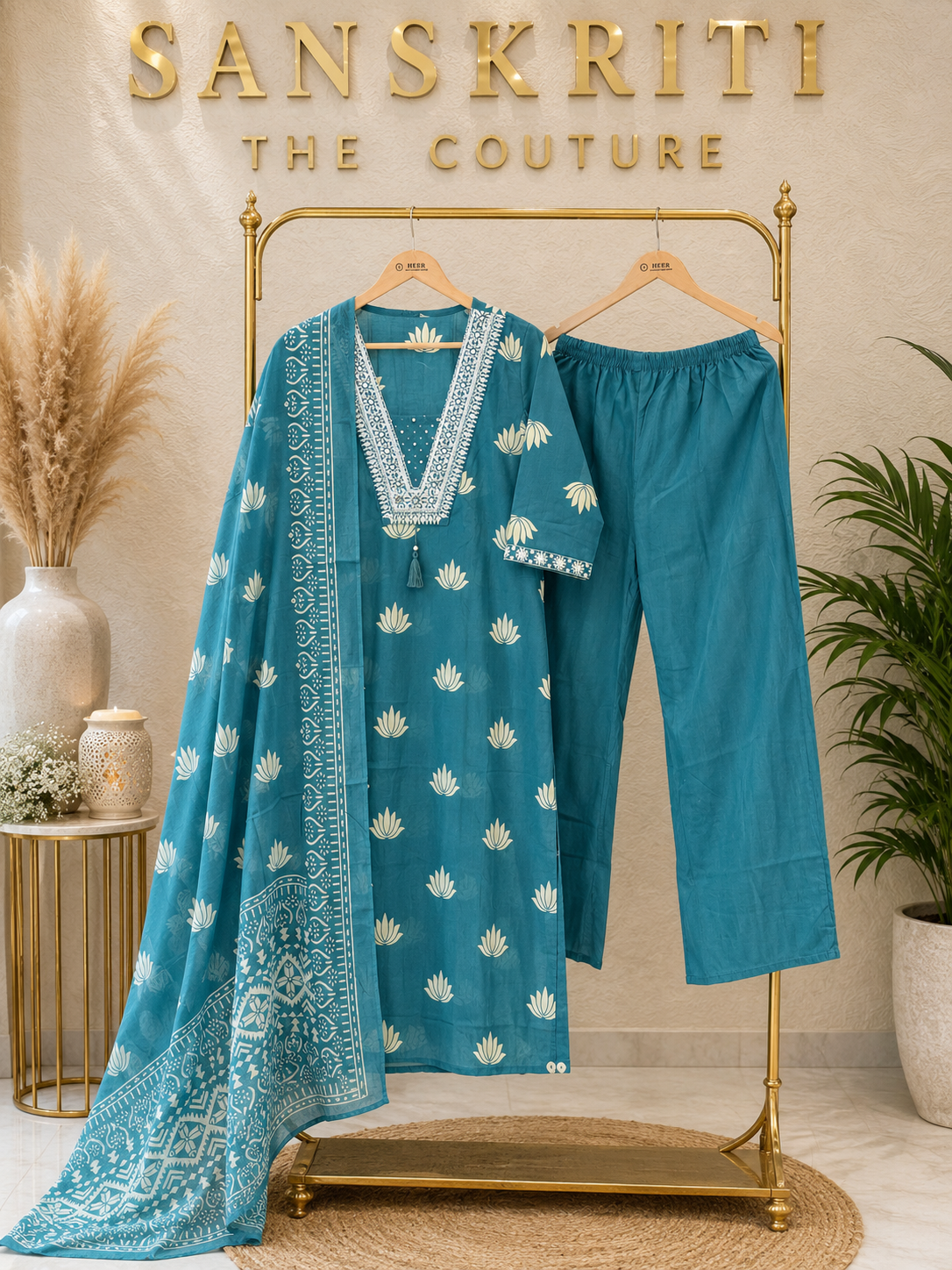 Sophisticated Teal Blue Lotus Motif Silk-Blend Suit Set with Dupatta q562820