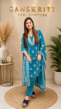 Sophisticated Teal Blue Lotus Motif Silk-Blend Suit Set with Dupatta q562820