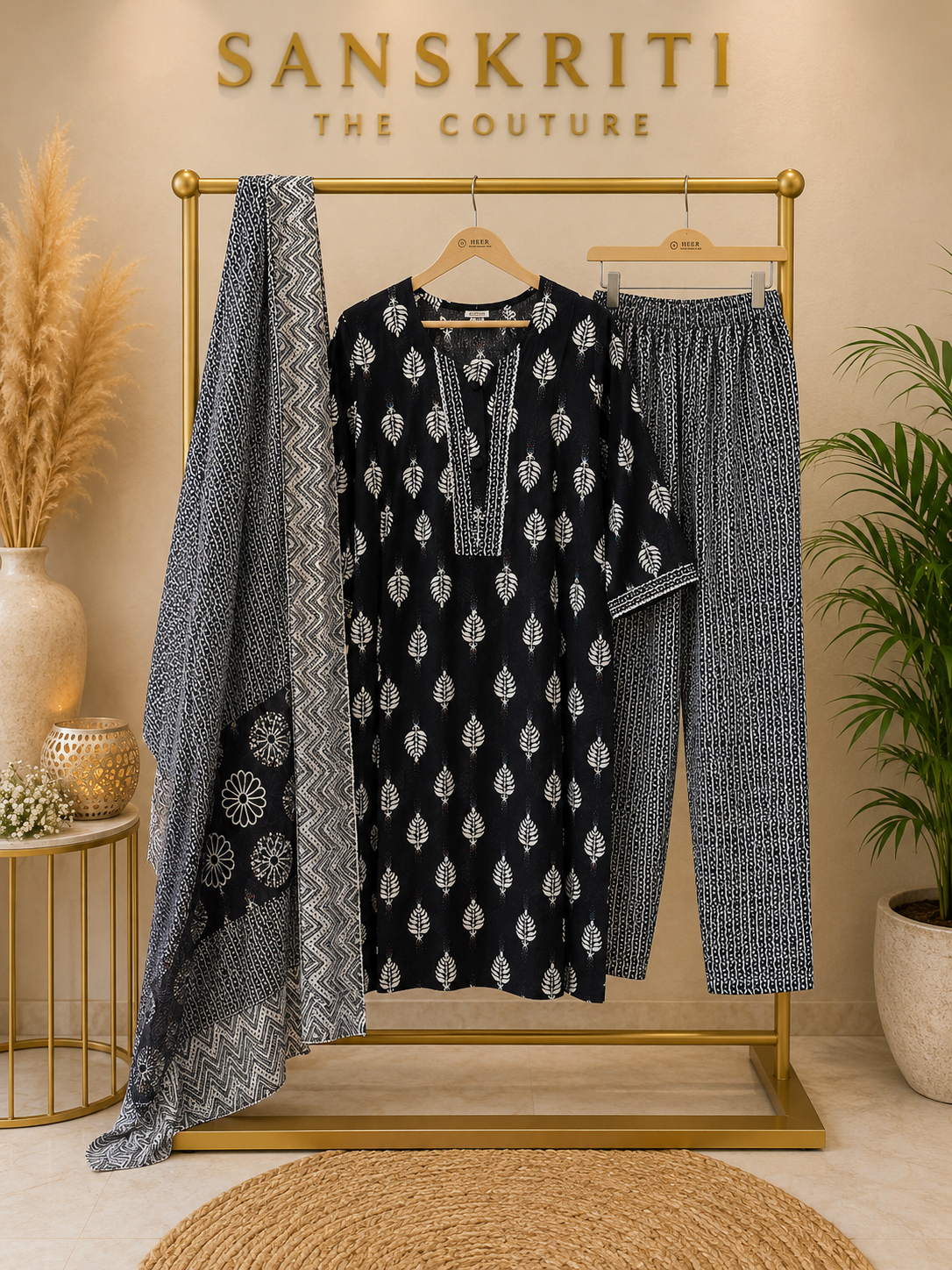 Timeless Black Floral Print Suit Set with Coordinating Dupatta q562792