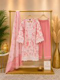 ₹2479 White & Pink Floral Kurta Set with Embroidery & Scalloped Lace