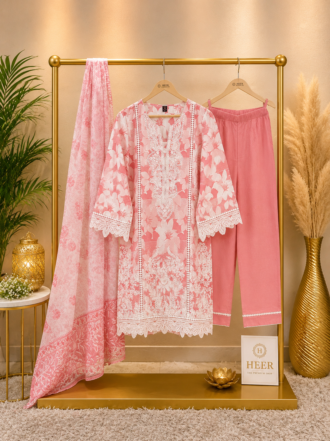 Exquisite White & Coral Pink Floral Kurta Set with Intricate Embroidery & Scalloped Lace q562841