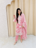 Exquisite White & Coral Pink Floral Kurta Set with Intricate Embroidery & Scalloped Lace q562841