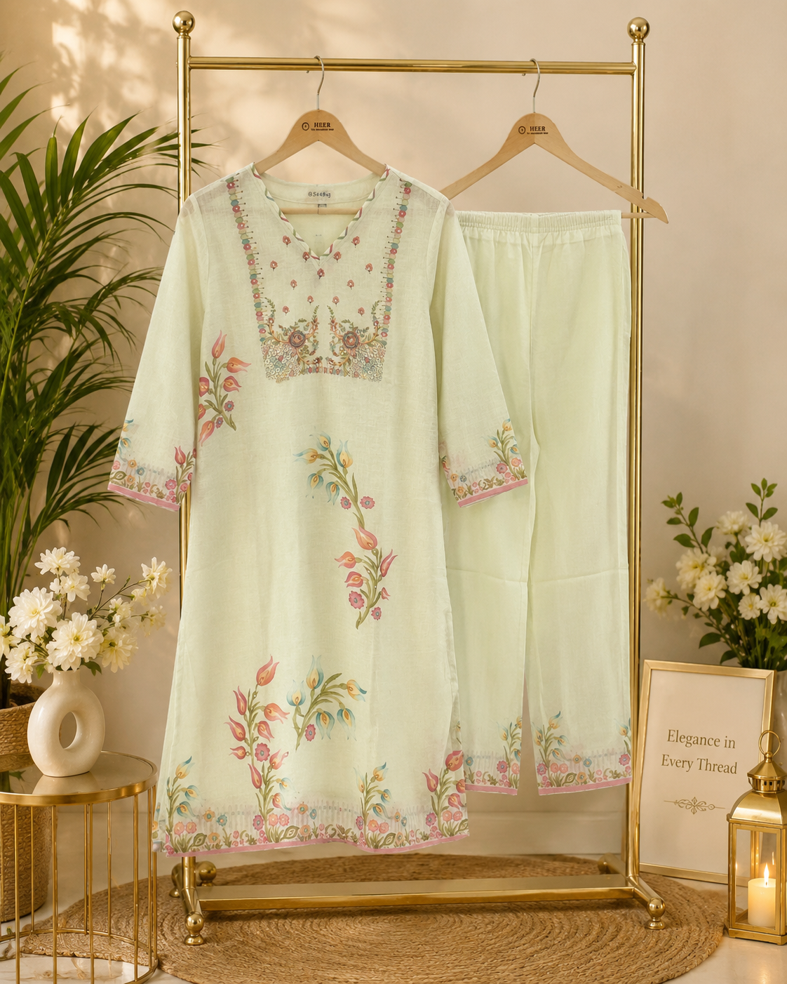 Elegant Off-White Floral Printed Suit Set with Multicolored Accents Q562843