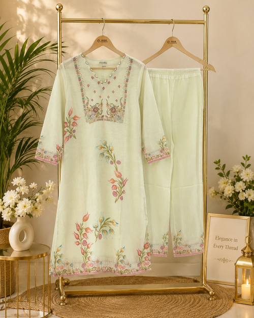 Elegant Off-White Floral Printed Suit Set with Multicolored Accents Q562843