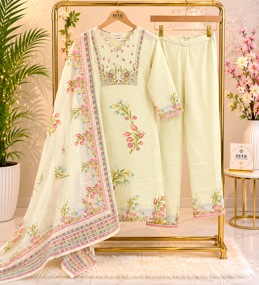 Elegant Off-White Floral Printed Suit Set with Multicolored Accents Q562843