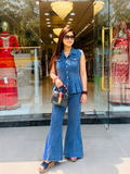 Chic Denim Peplum Top and Flared Pants Set q562876