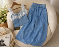 Trendy Denim Corset-Style Top & Wide-Leg Trouser Set q562850