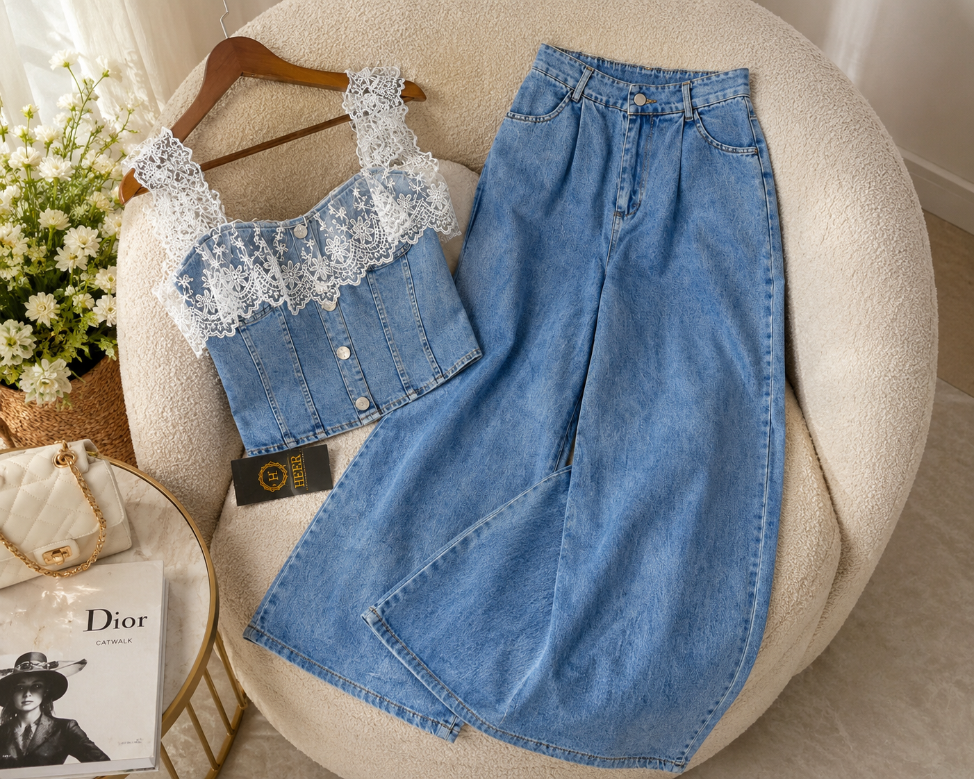 Trendy Denim Corset-Style Top & Wide-Leg Trouser Set q562850