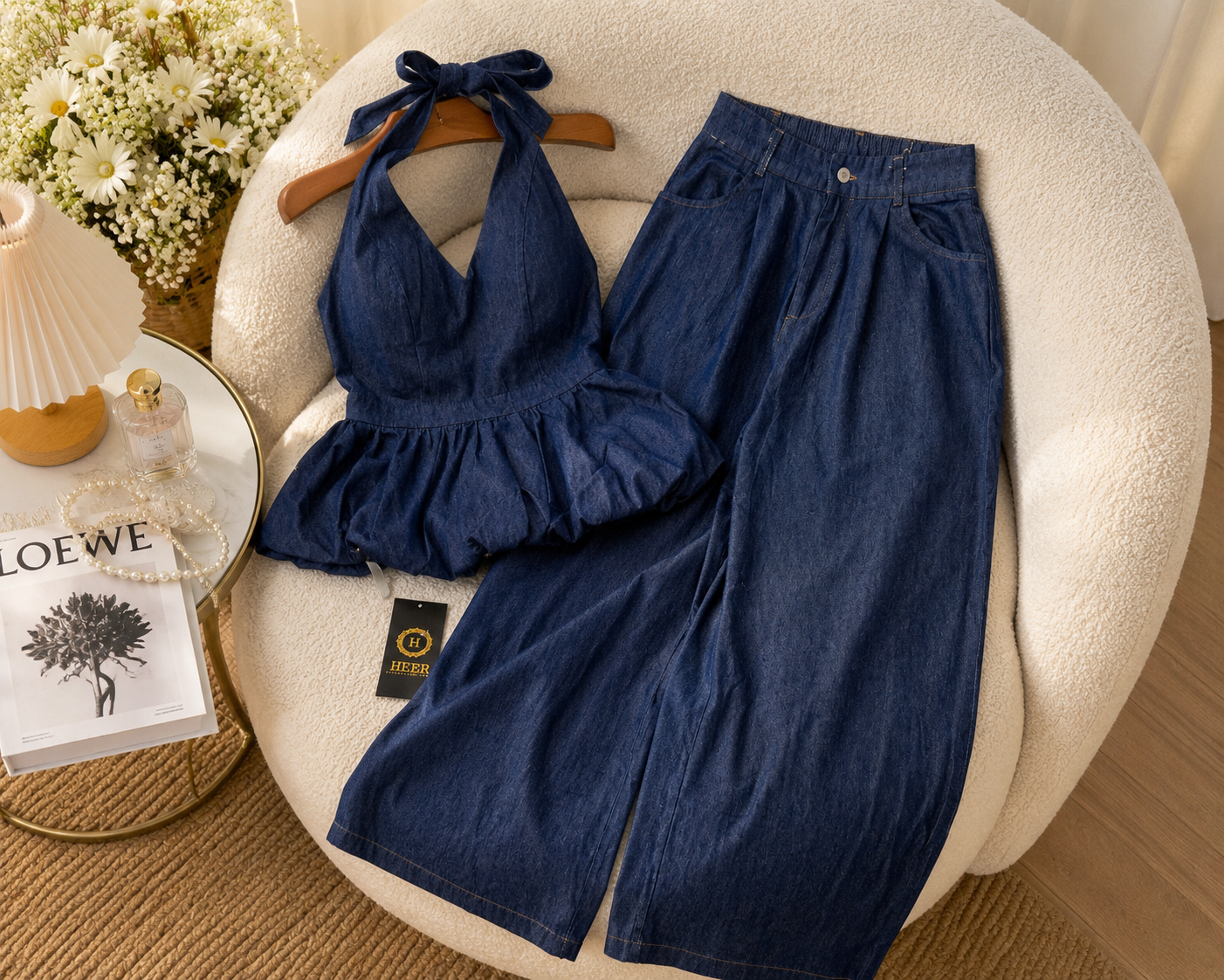 Stylish Denim Halter-Neck Peplum Top and Wide-Leg Pant Set q562846