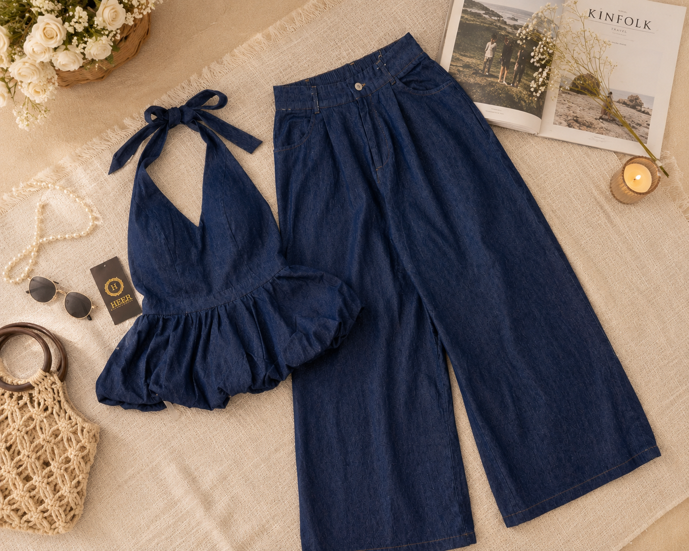 Stylish Denim Halter-Neck Peplum Top and Wide-Leg Pant Set q562846