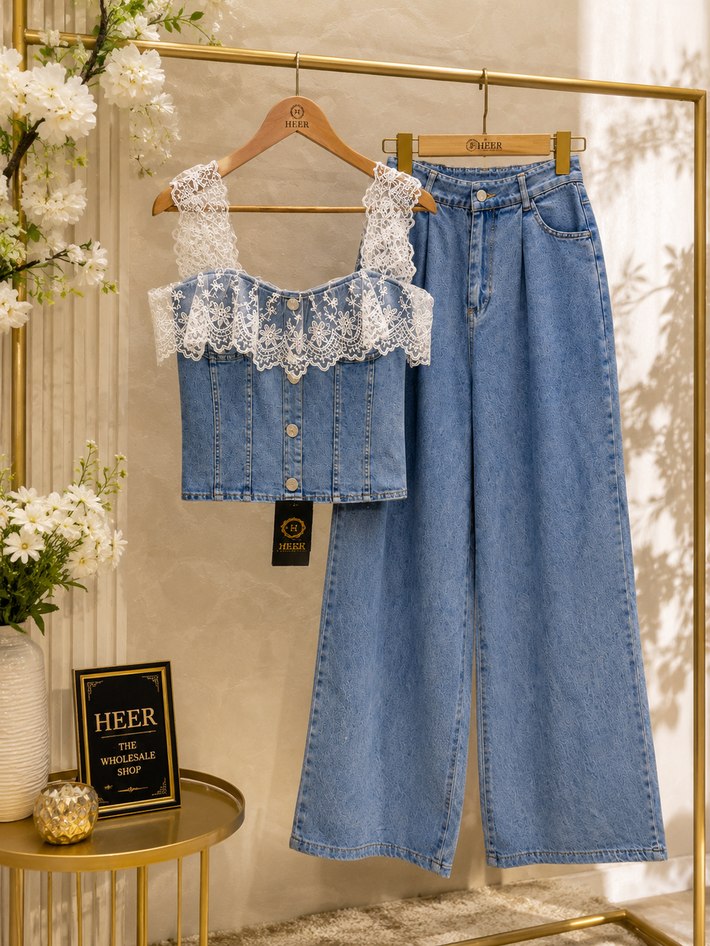 Trendy Denim Corset-Style Top & Wide-Leg Trouser Set q562850