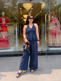 Stylish Denim Halter-Neck Peplum Top and Wide-Leg Pant Set q562846