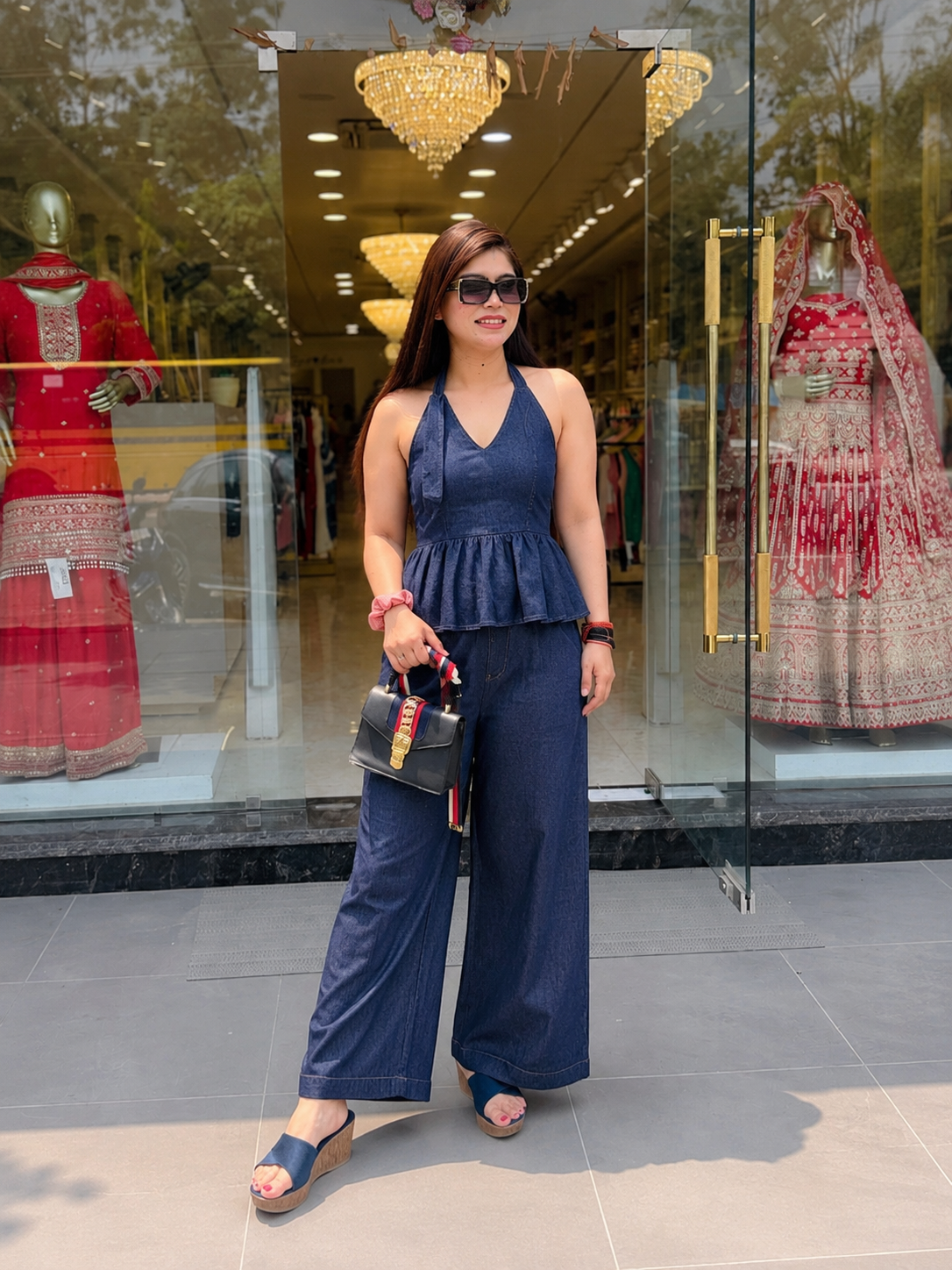 Stylish Denim Halter-Neck Peplum Top and Wide-Leg Pant Set q562846