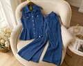 Chic Denim Peplum Top and Flared Pants Set q562876