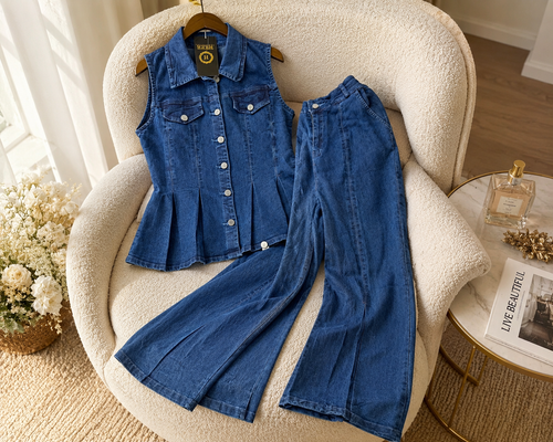 Chic Denim Peplum Top and Flared Pants Set q562876