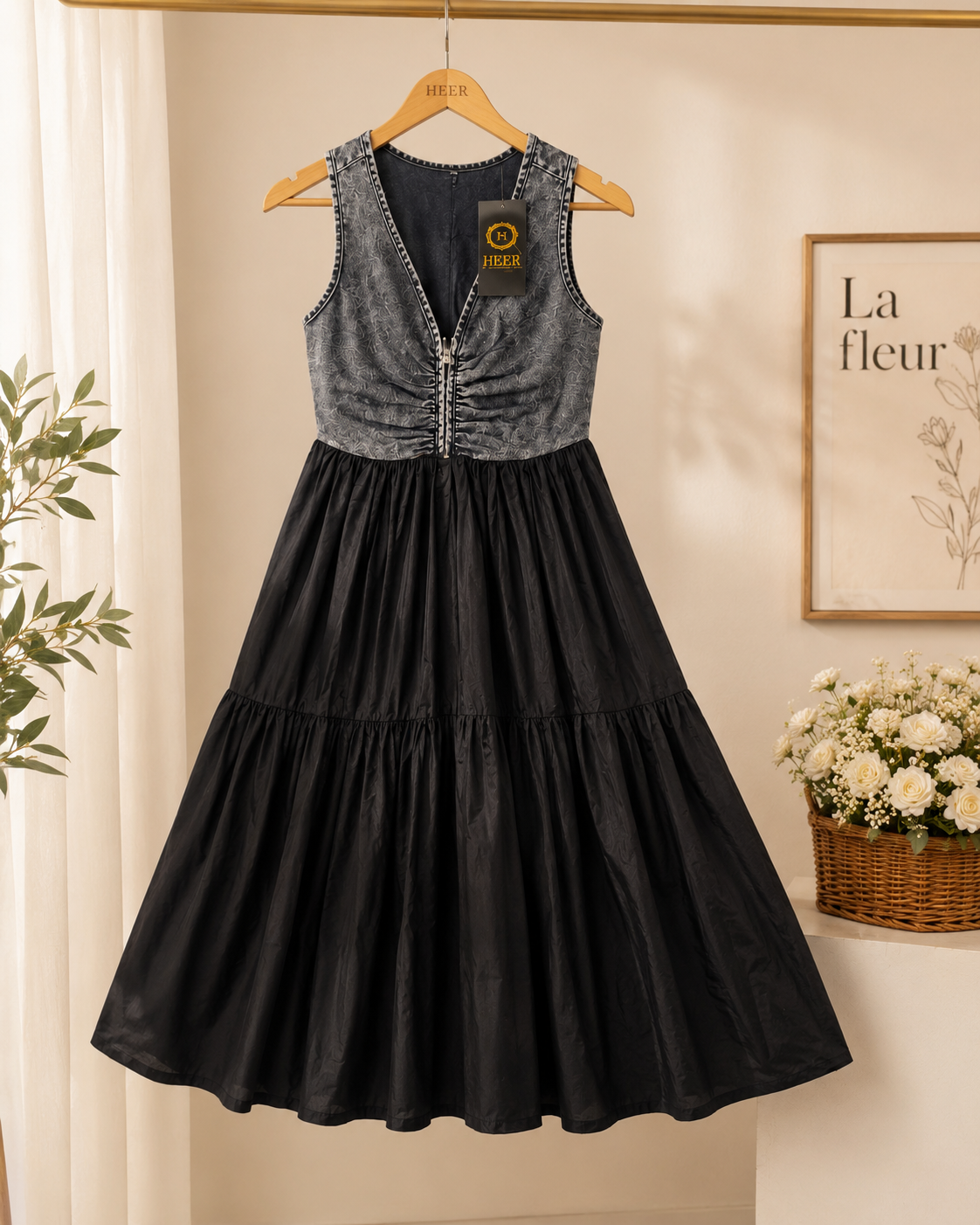 Beautiful Sleeveless Denim-Top Tiered One-Piece Dress q562852