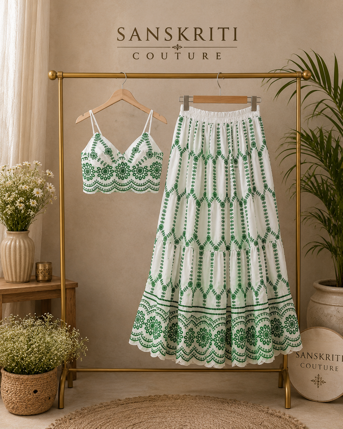 Ethereal White & Green Embroidered Co-ord Set q562851