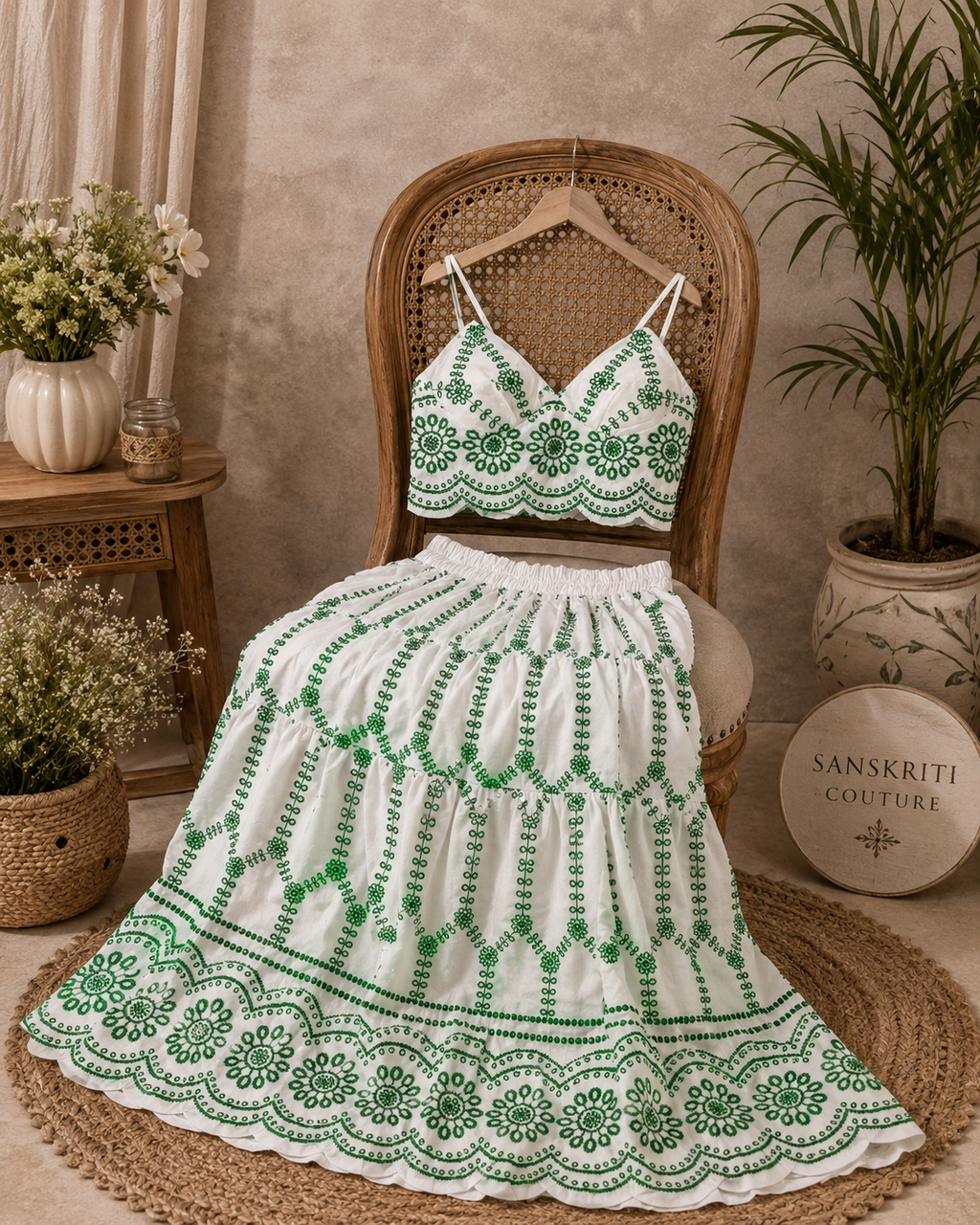 Ethereal White & Green Embroidered Co-ord Set q562851