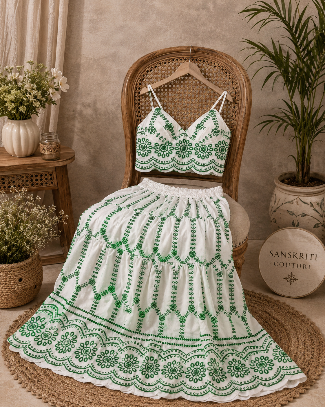 Ethereal White & Green Embroidered Co-ord Set q562851