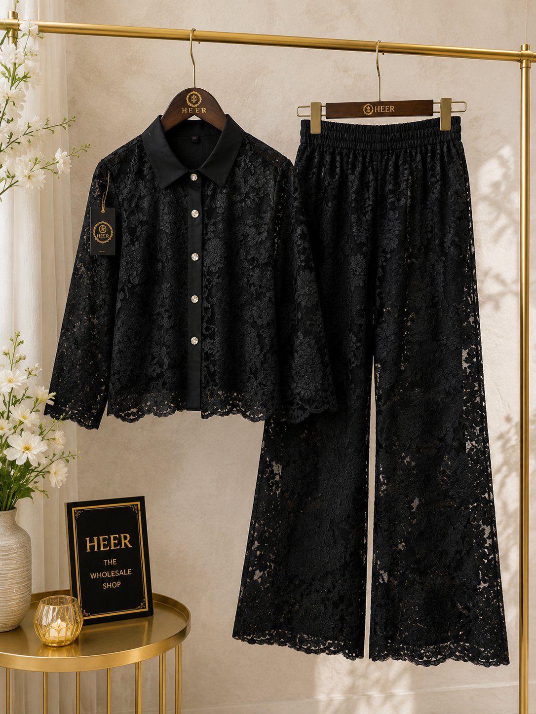 Sophisticated Black Floral Lace Co-ord Set q562853