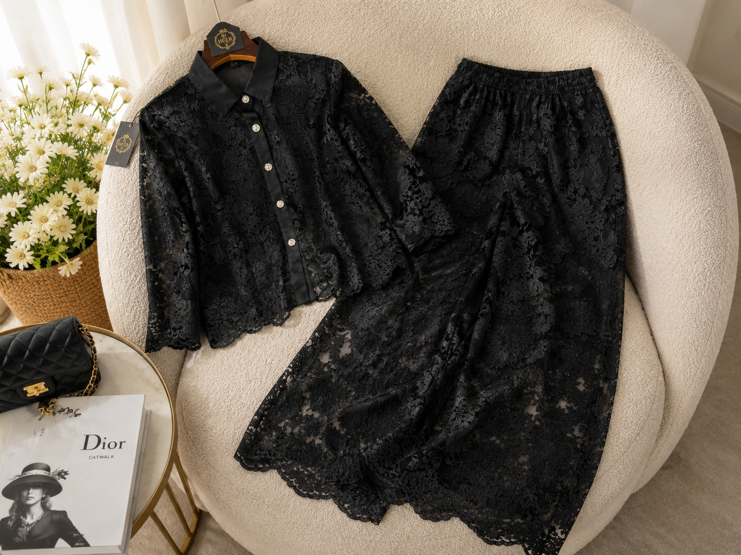 Sophisticated Black Floral Lace Co-ord Set q562853
