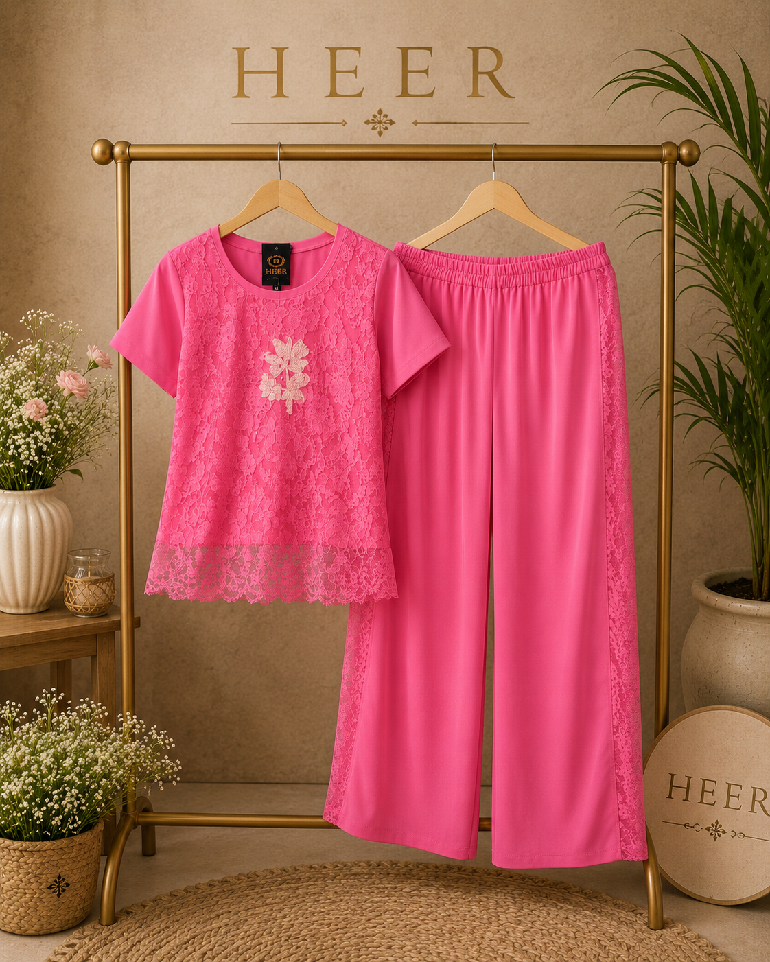 Vibrant Hot Pink Lace Detail Co-ord Set q562566