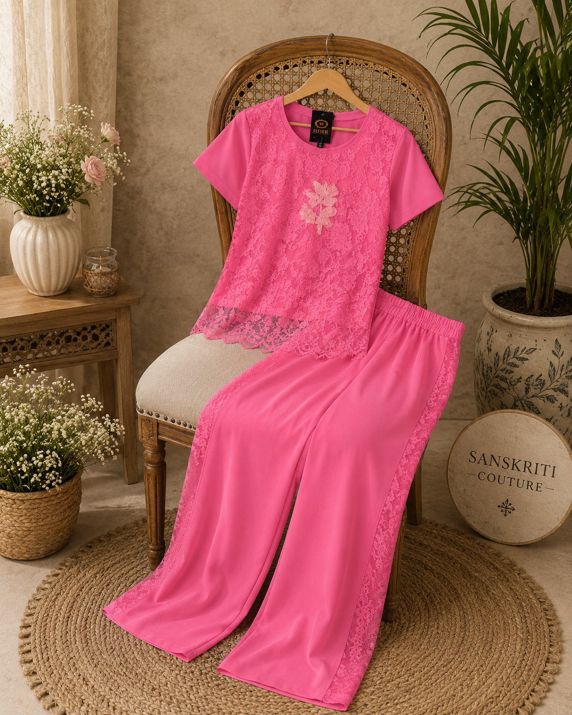 Vibrant Hot Pink Lace Detail Co-ord Set q562566