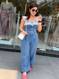 Trendy Denim Corset-Style Top & Wide-Leg Trouser Set q562850