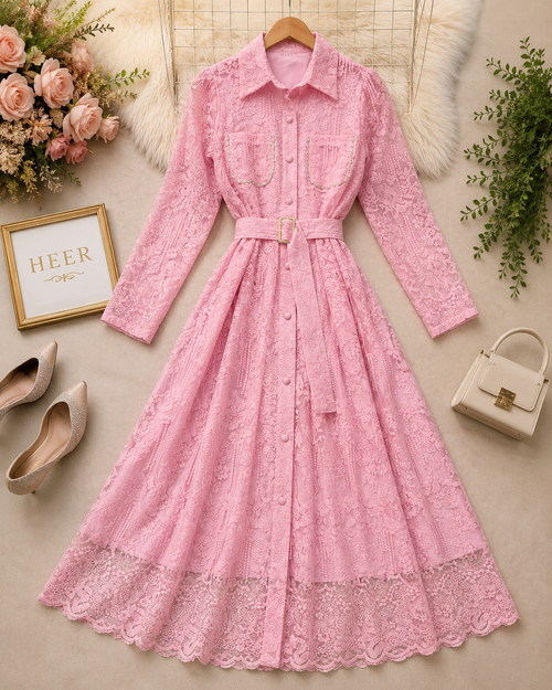 Elegant Blush Pink Lace Shirt Dress q562849