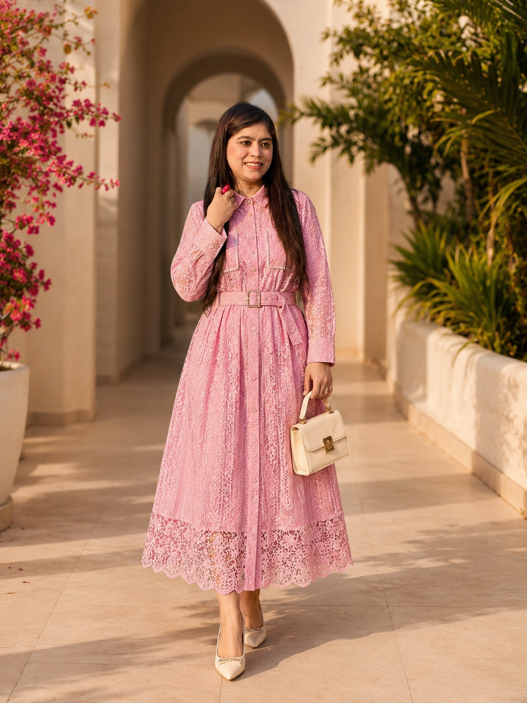 Elegant Blush Pink Lace Shirt Dress q562849
