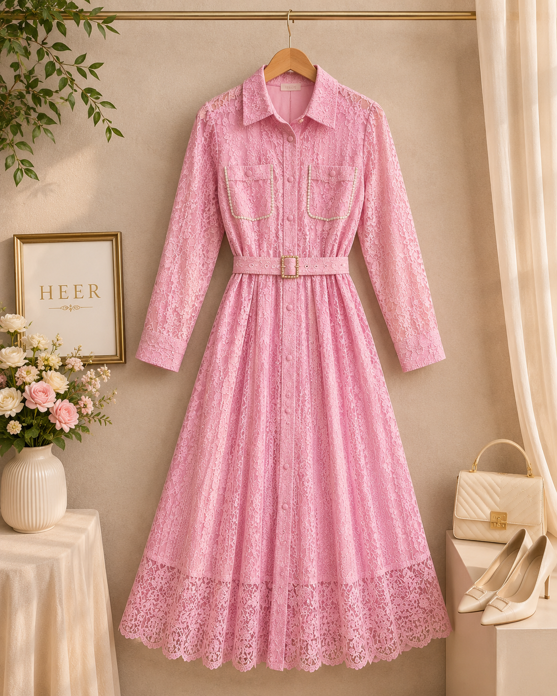 Elegant Blush Pink Lace Shirt Dress q562849
