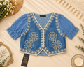 ₹799 Chic Embroidered Denim Style with Sheer Puff Sleeves