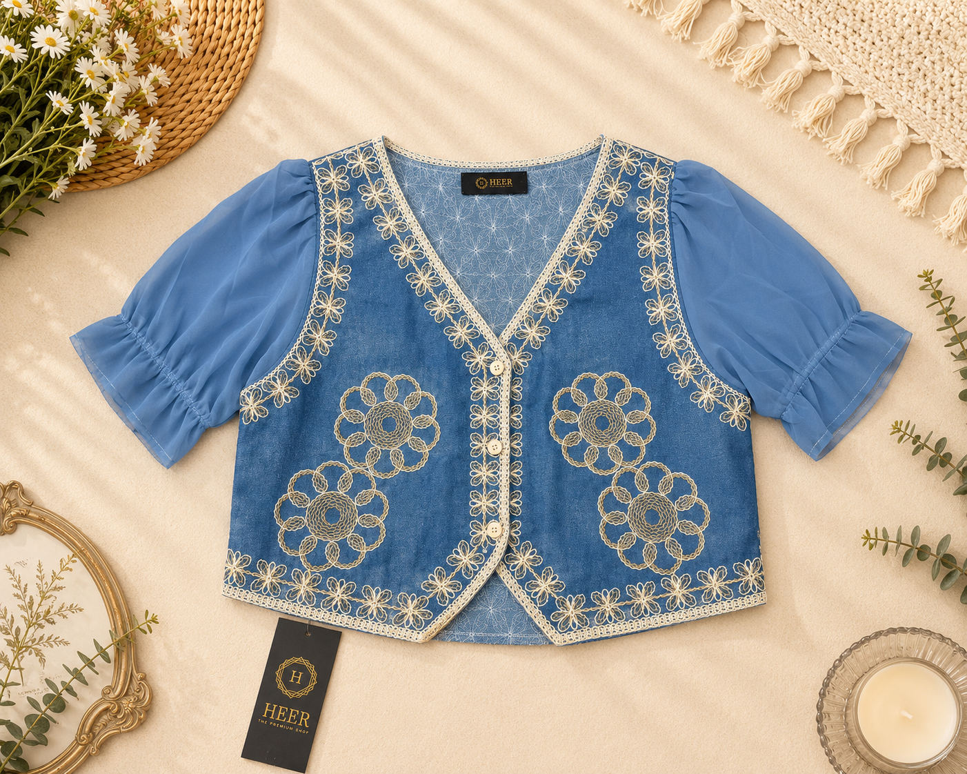 Chic Embroidered Denim-Style Ethnic Vest with Sheer Puff Sleeves q562866