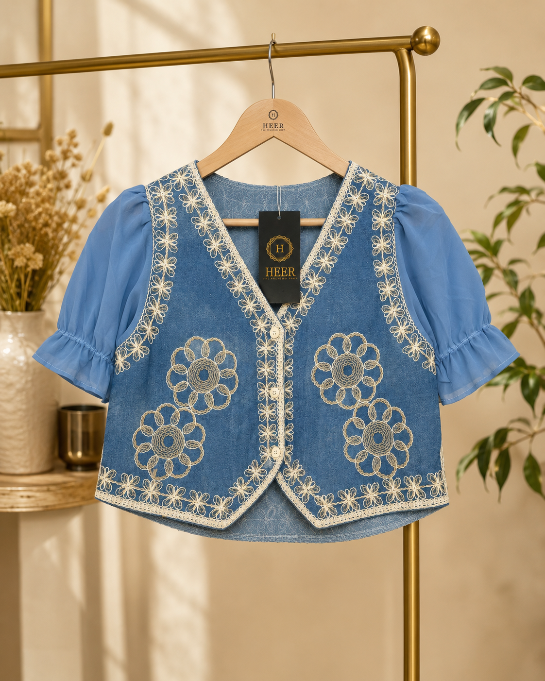 Chic Embroidered Denim-Style Ethnic Vest with Sheer Puff Sleeves q562866