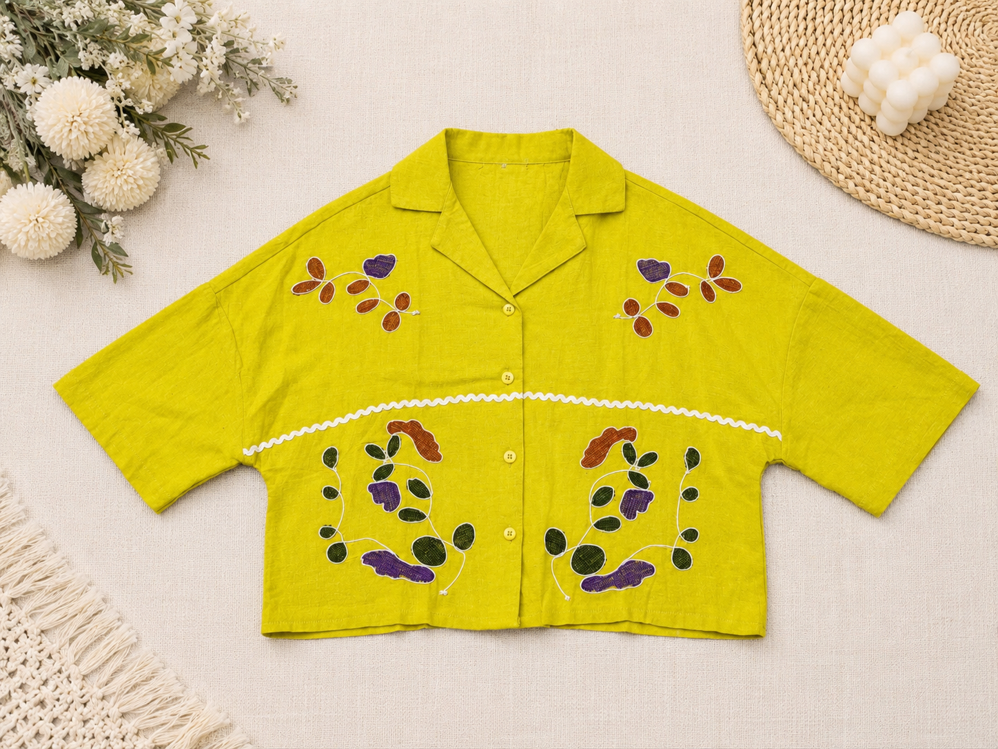 Vibrant Lime Green Embroidered Casual Shirt – Floral Fusion Top q562856