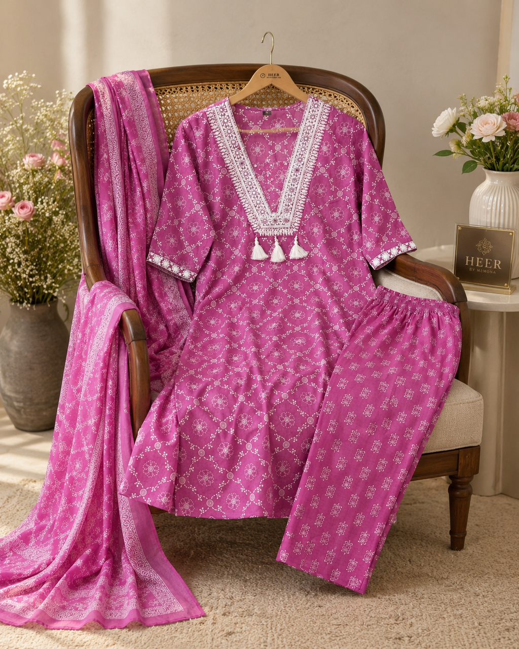 Fuchsia Floral Print Kurta Set with White Embroidery q562821